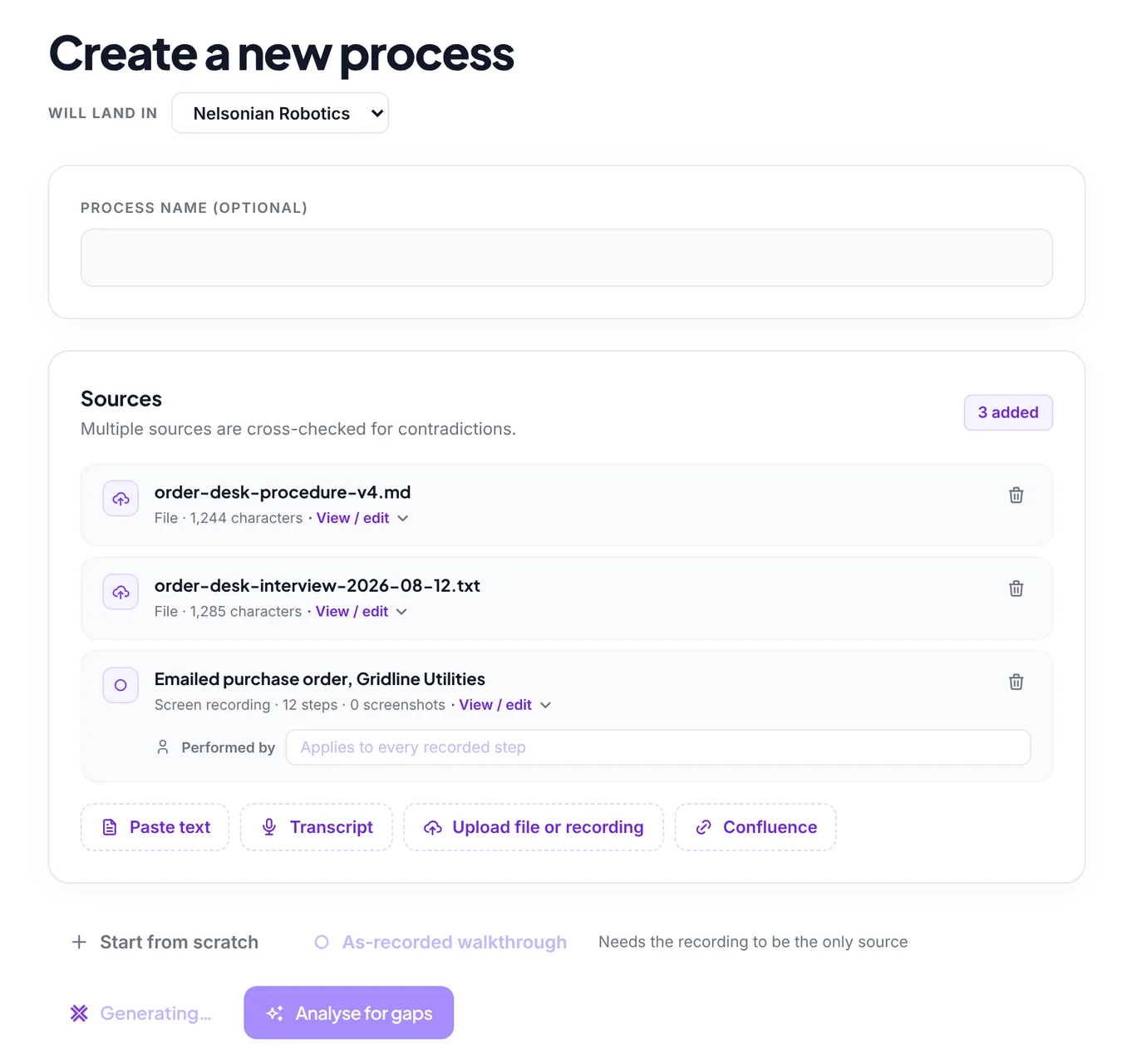 Omni's new process form with three sources added, a procedure document, an interview transcript and a recorded run, and the map generating